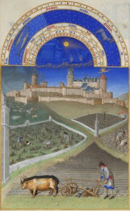 Mois de mars et château de Lusignan, Chantilly, Musée Condé, ms. 65, Les Très Riches Heures du duc de Berry, f. 3.
