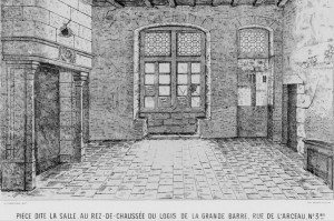 Poitiers, Logis de la Grande-Barre, salle au rez-de-chaussée avec cheminée armoiriée (Mémoires SAO, 1875, pl. VIII)