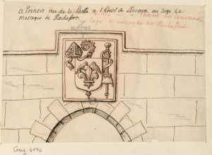 R. de Gaignières, Armes sculptées au-dessus d'une porte, timbrées d'une mitre, d'une crosse et d'un bourdon de pèlerin. Paris, BnF, Est. Reserve Pe-8-Fol.