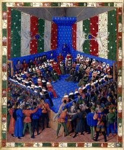Le Lit de justice de Vendôme, procés du duc d'Alençon. Munich,Staatsbibliothek, Cod. gall. 6, Boccaccio, f. 2v.