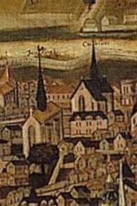 François Nautré, Le siège de Poitiers par l'amiral Gaspard de Coligny, détail des églises des Jacobins (en premier plan) et des Cordeliers. Poitiers, Musée Sainte-Croix, inv. 820.1.