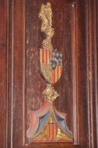 Chaire du prêcheur, détail d'un panneau aux armes d'Amboise et de Pierre d'Amboise. Eglise Saint-Pierre-et-Saint-Paul, Dissay.