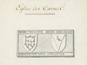 Inscriptions aux armes de William Felton et de John Chandos (déjà Poitiers, couvent des Carmes). Poitiers, Médiathèque, ms. 547, t. 2, f. 135.